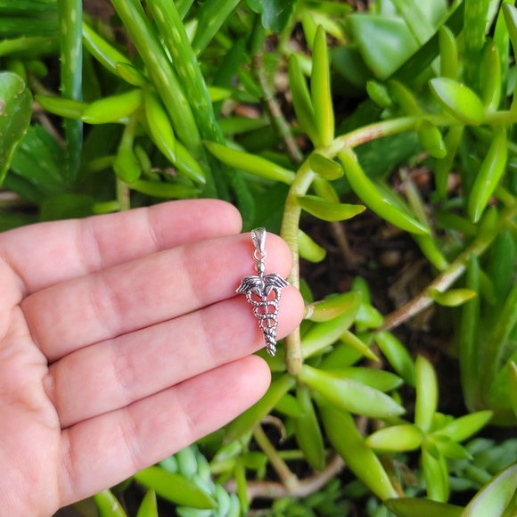 New Solid 925 Sterling Silver Simple Caduceus Staff of Hermes Pendant - Picture 4 of 6